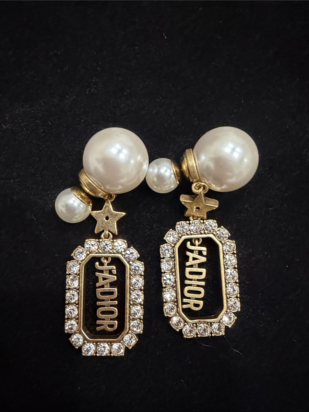 Dior Pearl and Black J'Adior Crystal Drop Earrings in White and Gold